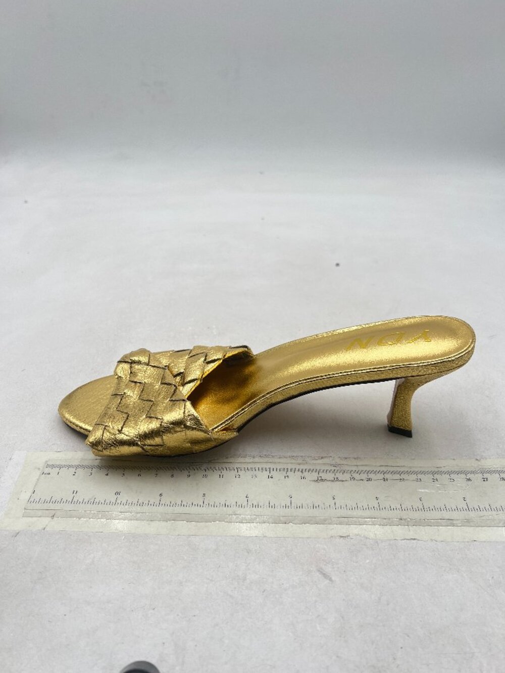 Ydn Gold Open Toe Checkered Pretty High Spool Heels Slide Sandals Slip On Mules View 2